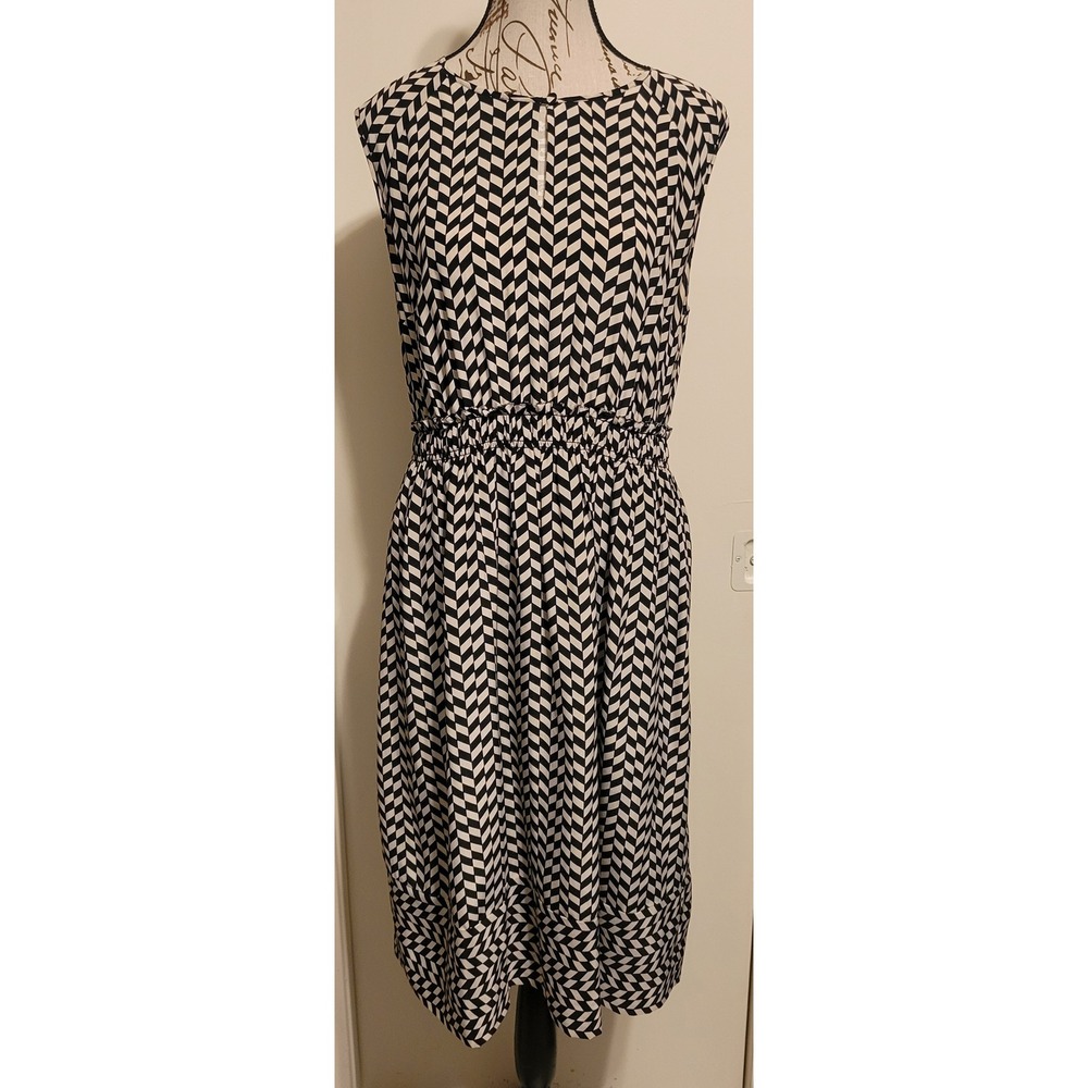 J.Crew Black White Chevron‎ Silk Smocked Waist Midi Sleeveless Dress Womens Sz 8